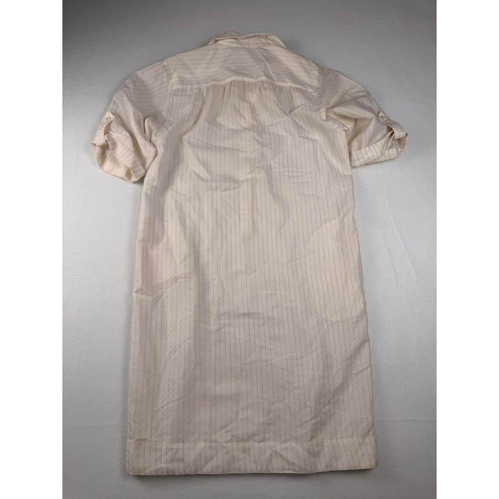 Vintage Pinstripe Shirt Dress Short Sleeve Button Front Cream Pink Stripe Mini - Picture 8 of 8